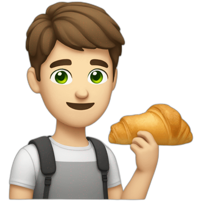 Man with short brown hair and green eyes eating croissant emoji