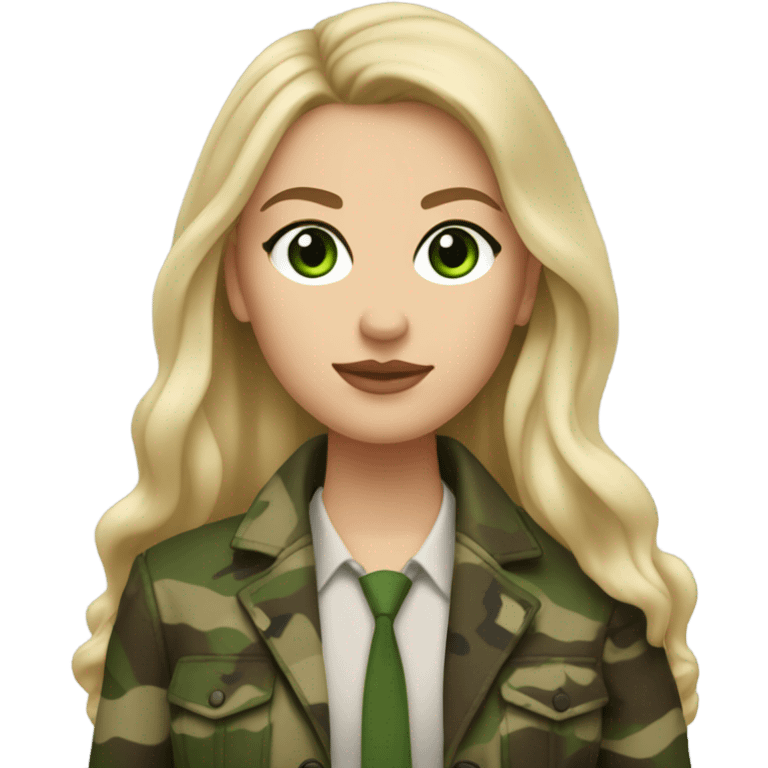 White girl with Long blonde hair and green eyes, camouflage Wool oversize blazer, mini skirt and Brown leather boots  emoji