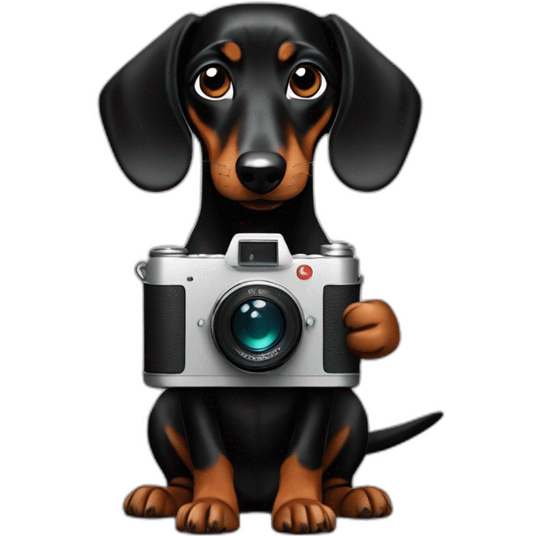 a black dachshund dog holds a camera in its paws medium plan emoji