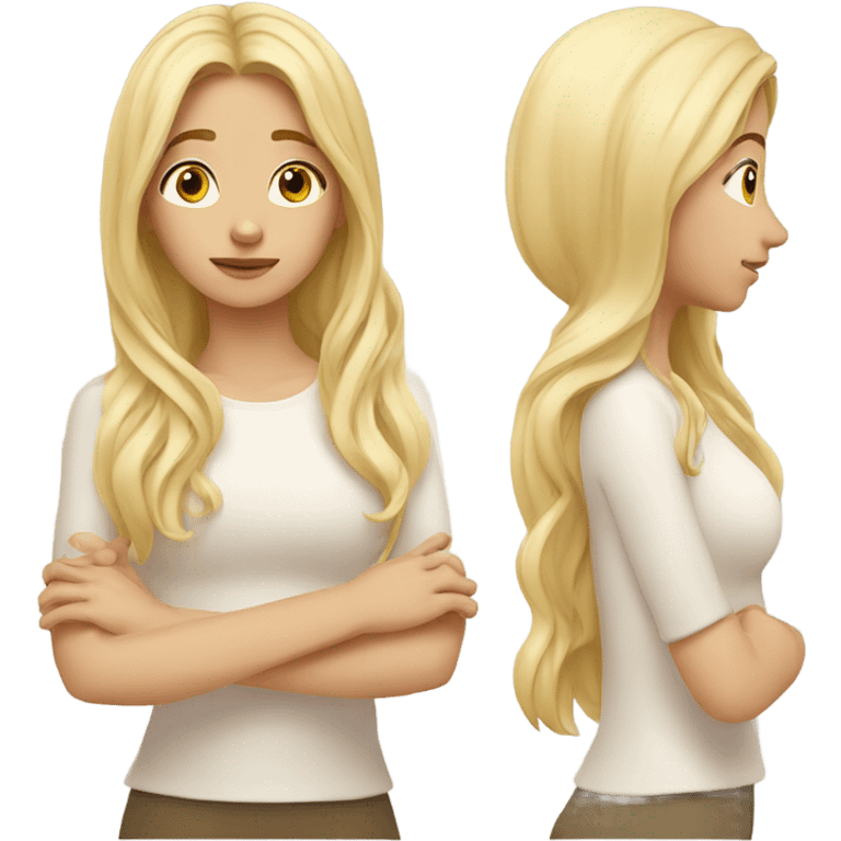 Blonde beauty girl long hair meditative pose two hands on chest emoji