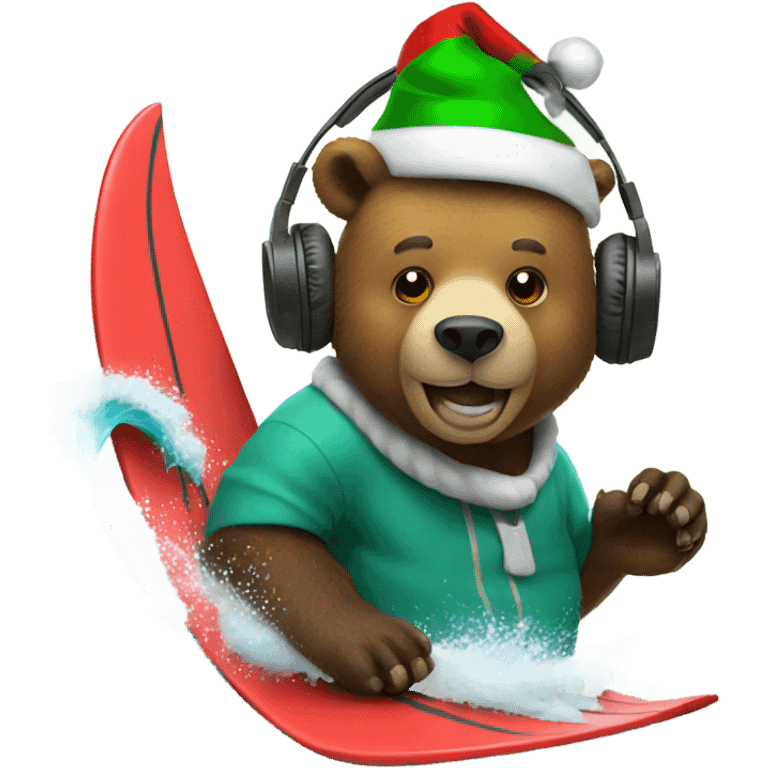 bear surfing with Christmas hat and headphones emoji