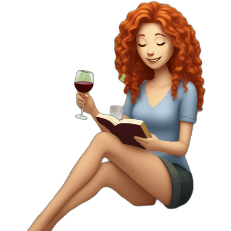 White woman with long curly red hair reading a book with a glass of wine in a park emoji