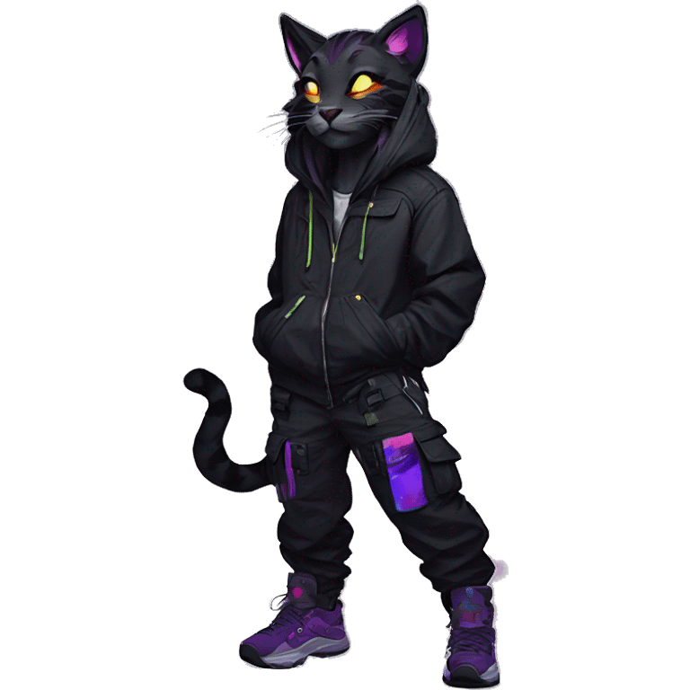 Edgy Anthro cool pretty colorful dark cat-fursona techwear cargo pants hoodie emoji