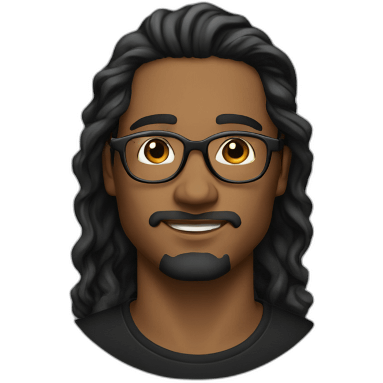 brown guy, black eyes, black long wavy hair, no facial hair, thin long nose, round glasses, black t shirt emoji