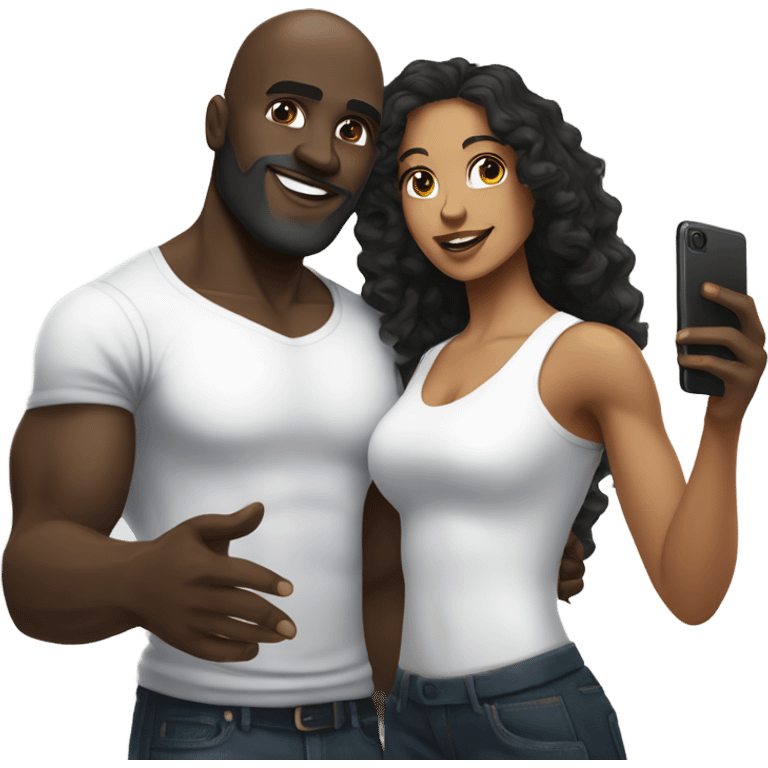 Muscular Dark skin man with bald head and beard taking selfie with light skin woman with long black curly hair emoji