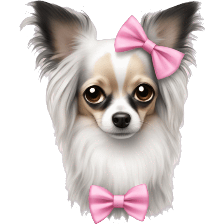 white with black and white long haired chihuahua with white stripe on forhead a cute pink bow emoji