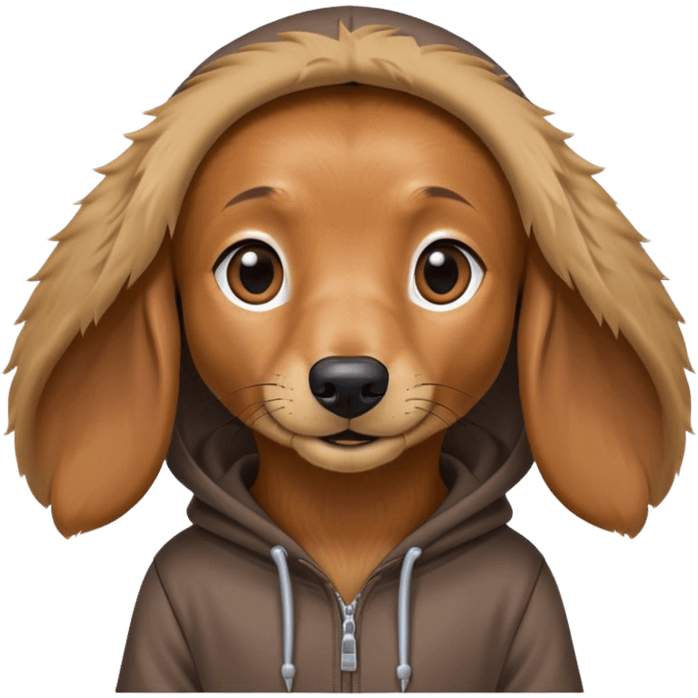 Long haired dachshund wearing a hoodie emoji