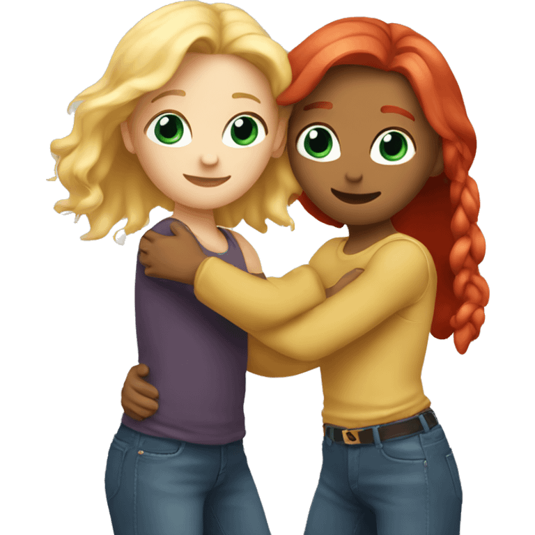 Two white best friends hugging. One has blonde hair and the other has red hair  emoji