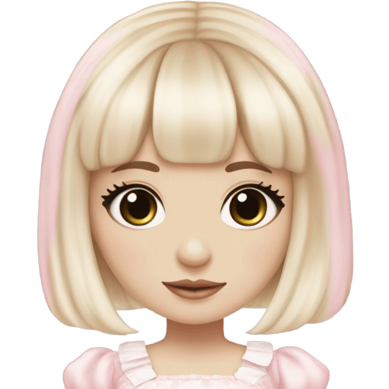 pale girl , who has straight hair blonde and baby pink swirled hair with bangs , grey eyes , and doll like makeup , in a light pink lolita hime gyaru dress  emoji