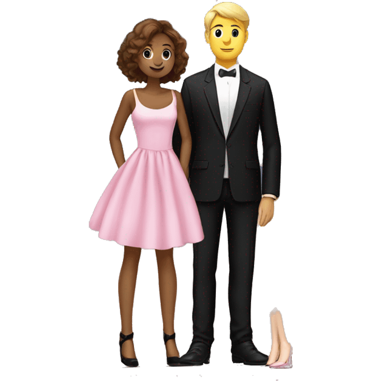 A girl in a beautiful pink dress, with brown hair at the waist, on white heels, short and a guy in a black suit, with blond hair, short hair, in black boots, tall, looking at the starry sky emoji