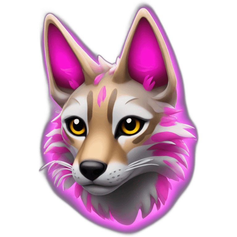 Coyote ocelot with grey and black fur and phoenix wings and pink ears, neon lights emoji