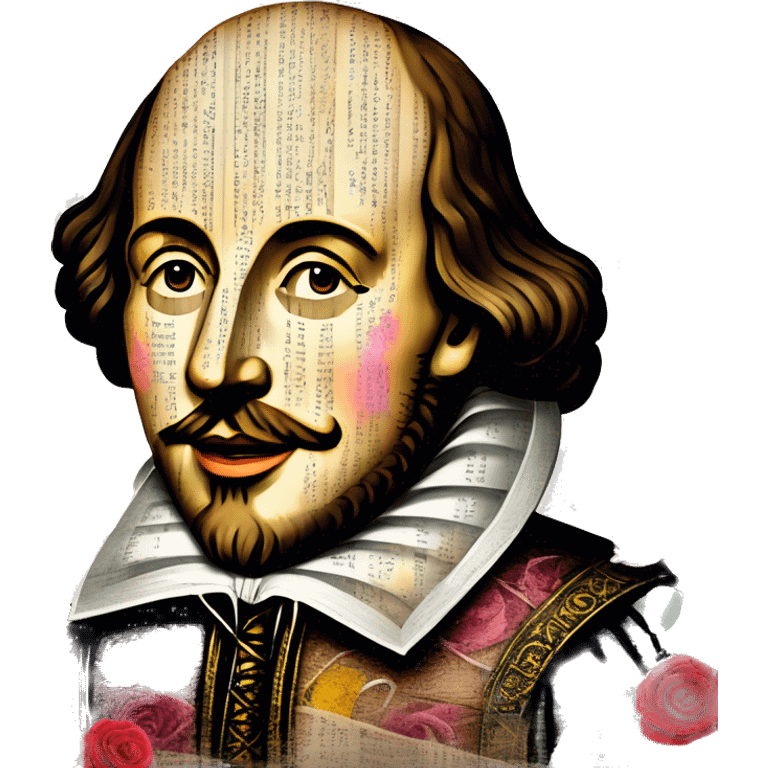 Shakespeare made of newspaper cuttings wearing flowers, stained glass, fairy lights, bokeh, annotated sketch, handwritten letters, collage of intricate patterns, roses flowers emoji