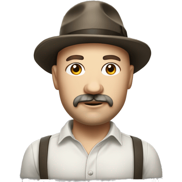 Photorealistic, A plump bald man of Slavic appearance with a goatee and mustache, wearing a fedora hat emoji