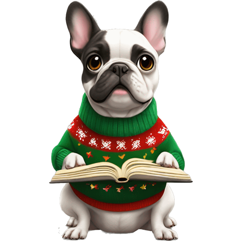 French bulldog wearing a Christmas sweater and holding a songbook, with musical notes floating around emoji