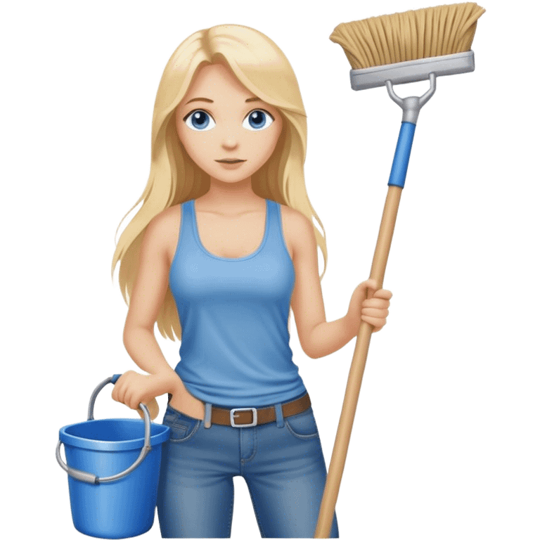 Cinematic realistic blonde with long hair and blue eyes, dressed in jeans and a tank top, holding a mop in her hands emoji