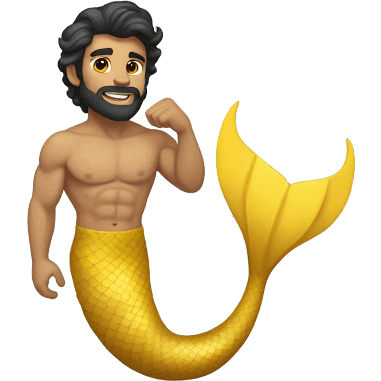 Tan muscular merman with yellow mermaid tail, dark hair and stubble  emoji