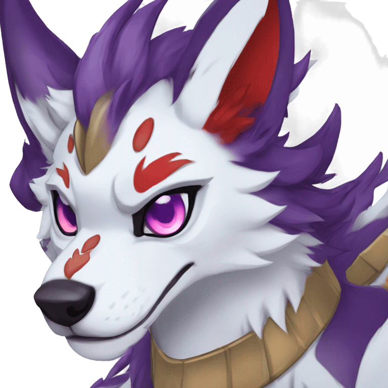 my fursona male stormkiller dragon wolf shankbat/foxtiger hybrid  with purple hair and red eyes and blue scales and hand wave  emoji