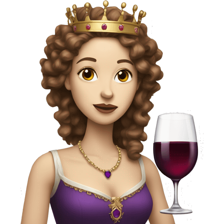 Queen with a purple crown, pale skin, long brown curly hair, drinking wine  emoji