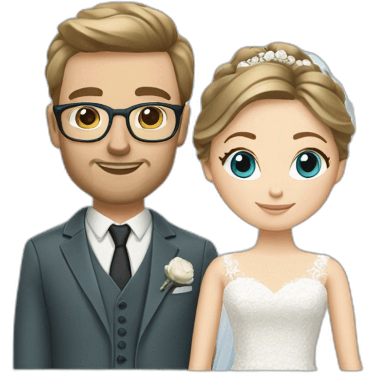 Wedding couple. Bride has brown hair pinned up. She wears lace dress. She has blue eyes. Groom has olive green suit and brown vest. He has blond hair. He wears glasses. He has blue eyes too. emoji