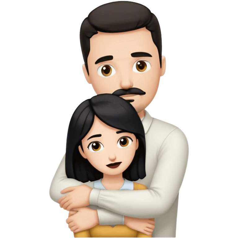 Tall white man with dark brown mustache and goatee hugging a short pale woman with long black hair emoji