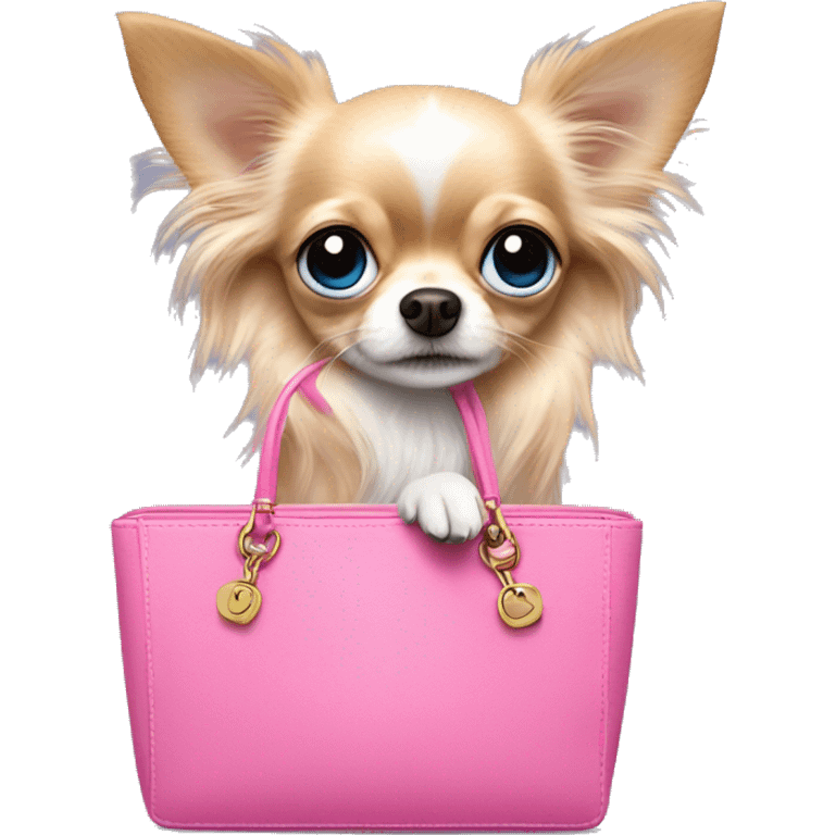 Long haired Chihuahua with blue eyes in a pink handbag  emoji