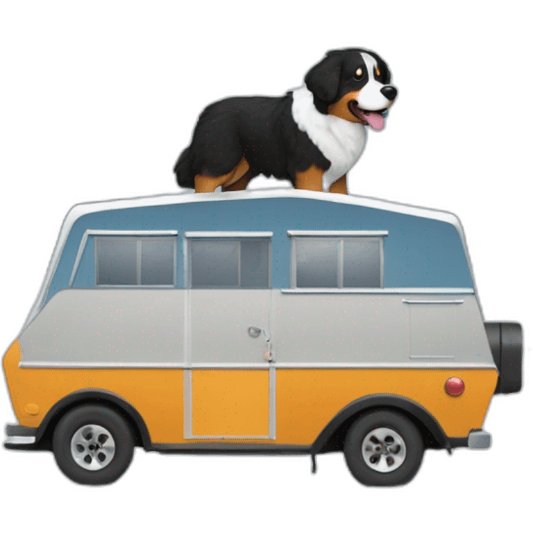 bernese mountain dog driving camper through snow emoji