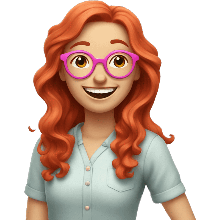 Pale, Long Wavy haired red head, girl with pink circular glasses glasses laughing and pointing emoji