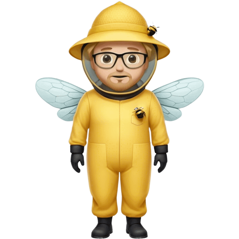 full body medium plus size male bee keeper in yellow and black with short light strawberry blonde hair and goatee wearing glasses with bee keeper hat emoji