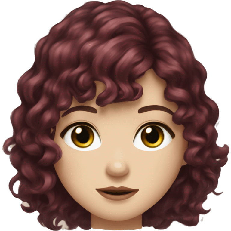 Woman, pale skin, light freckles, green and brown eyes, burgundy wavy long hair with bangs emoji