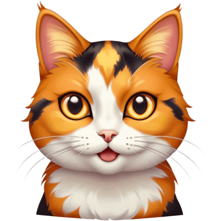 Cinematic Comical Calico Cat Portrait Emoji, Head tilted dramatically with an exaggeratedly surprised expression, showcasing a vibrant patchwork fur of orange, black, and white with wide, comically expressive eyes, simplified yet hilariously detailed, glowing with a sassy, golden radiance, high shine, exuding playful mischief and cheeky feline attitude, styled with a soft glowing outline, capturing the essence of a calico cat that looks ready to leap off the screen with mischievous flair! emoji