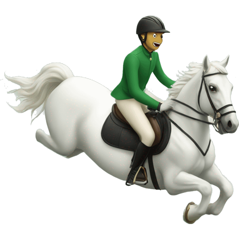 Rider and white horse jumping a green fence emoji