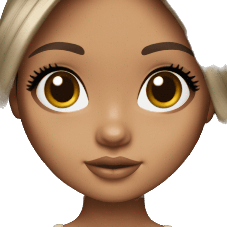 Blythe doll with tanned skin, Black straight hair with brown highlights in the ends with No Bang, with dark brown eyes and Long lashes emoji