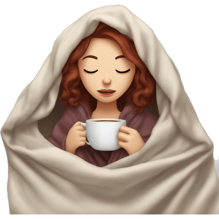 pale burgundy haired girl inside a blanket sipping coffee eyes closed emoji