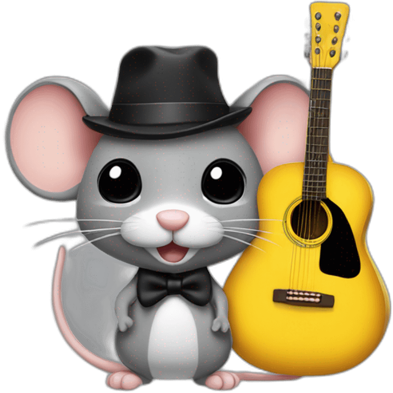 adult grey jerry mouse with white moustache, big black hat, and yellow guitar emoji