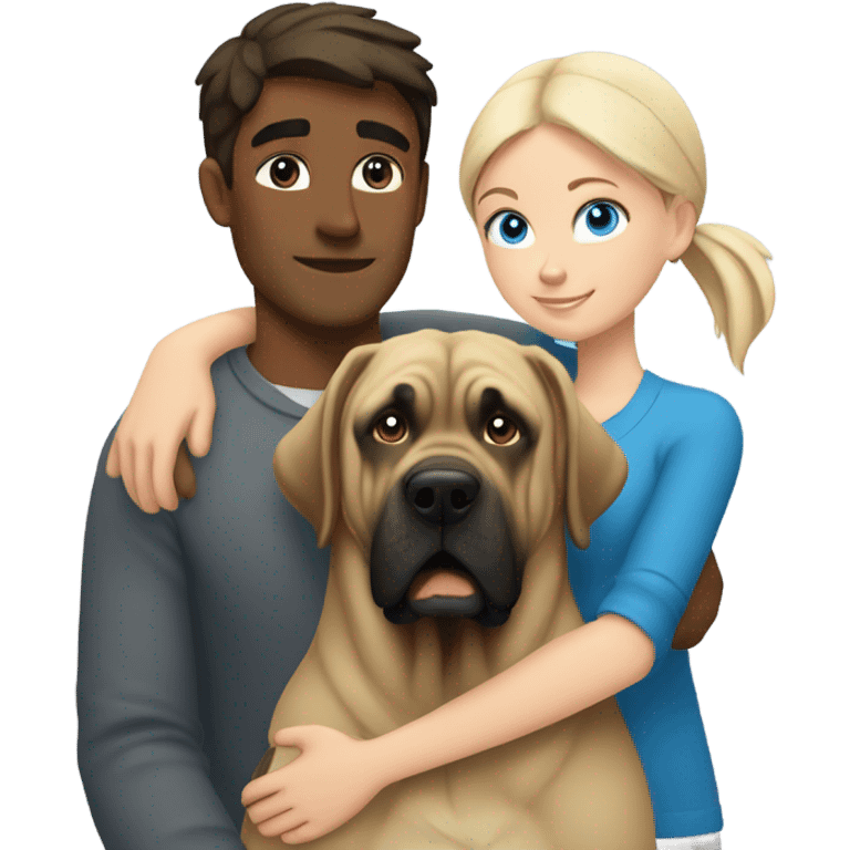 Brunette blue eye man and blonde blue eye girl hugging an English mastiff dog emoji