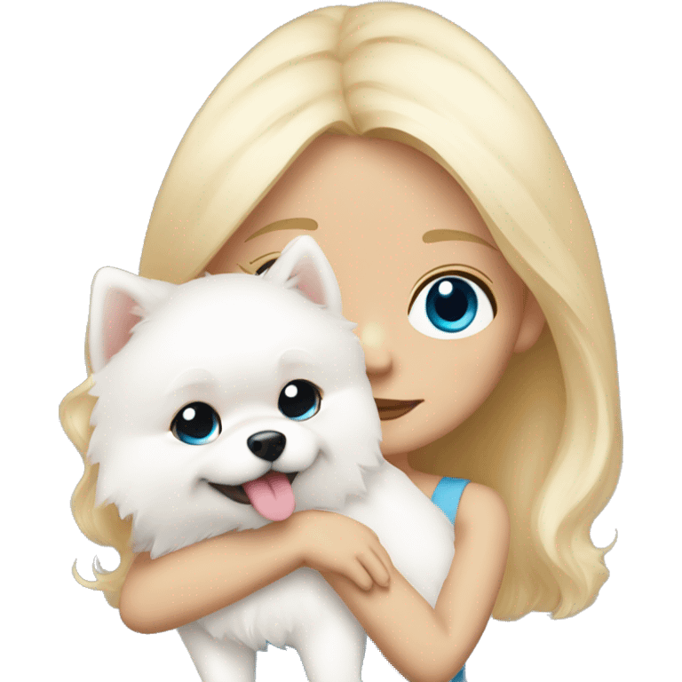 Blond girl white skin blue eyes hugging white Pomeranian with light pink bow emoji