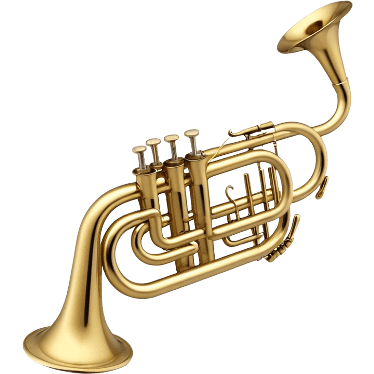 Create a sleek and polished emoji representing the Brahner trumpet. The design should feature the shiny brass body of the trumpet, with its distinct bell shape and coiled tubing. Highlight the three smooth, finger-operated valves, and the mouthpiece at the top of the instrument. The finish of the trumpet should be a rich, golden brass tone with subtle reflections, giving it a polished and professional appearance. Add musical notes or soundwaves around the bell of the trumpet to evoke its bold and brassy sound. Use golden, brass, and silver tones to emphasize the vibrant, high-quality design of the trumpet. The background should be transparent. emoji