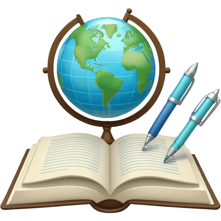 Create an emoji representing language translation. The design should feature a single globe in the background, symbolizing international communication. In front of the globe, place two opened books, with texts in it and a pen nearby to indicate the act of writing and vocabulary. Use a clean and professional color palette with blues, greens, and neutral tones. Do not include any emojis or smiley faces. Make the background transparent emoji