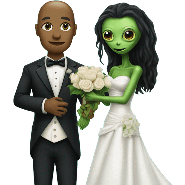 humman man in a tuxedo holding, Alien reprilian woman in wedding dress, and one , hands getting married emoji