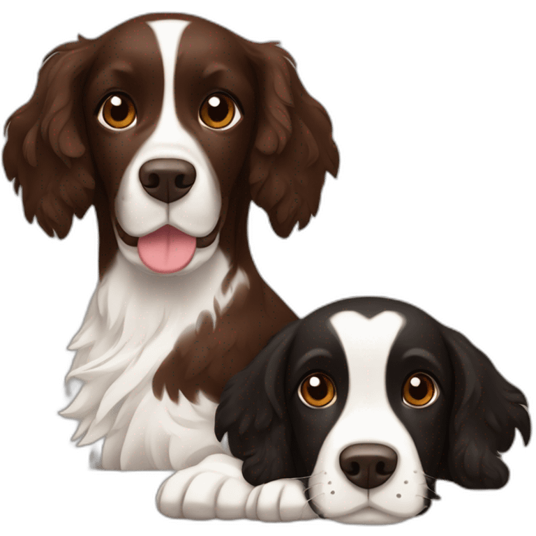 cuddling brown springer spaniel and black springer spaniel emoji