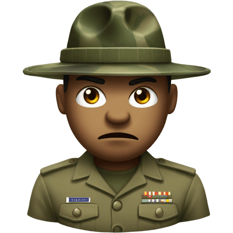 drill sergeant character wearing a classic sergeant hat and a camouflage army shirt. The character should have an angry intense expression. full torso emoji