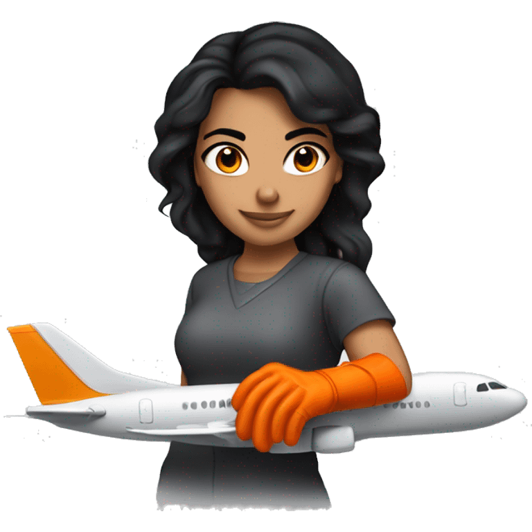 Hispanic girl with black hair & orange gloves working on airplane blade emoji