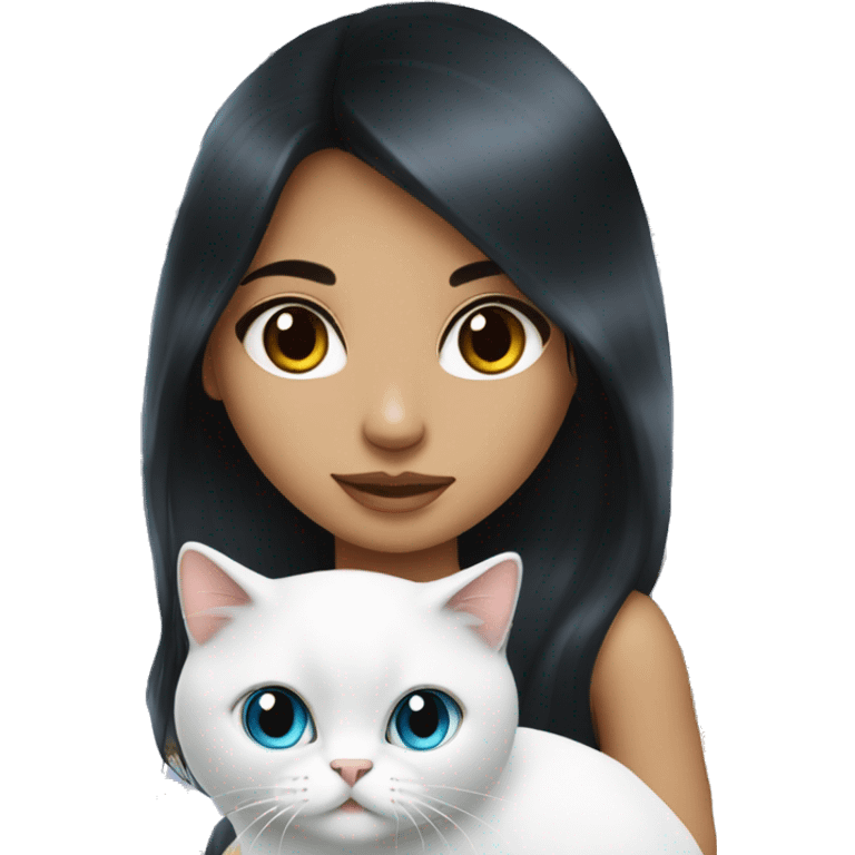 long black hair latin girl with white persian blue eye cat. emoji