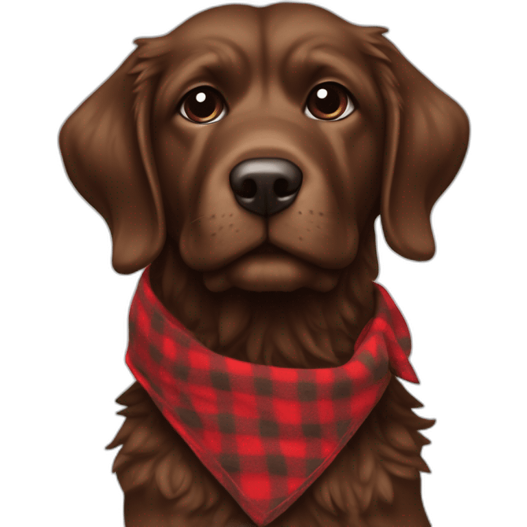 Chocolate brown colored doodle with a red and black flannel hankerchief holding a plush salmon fish chew toy emoji