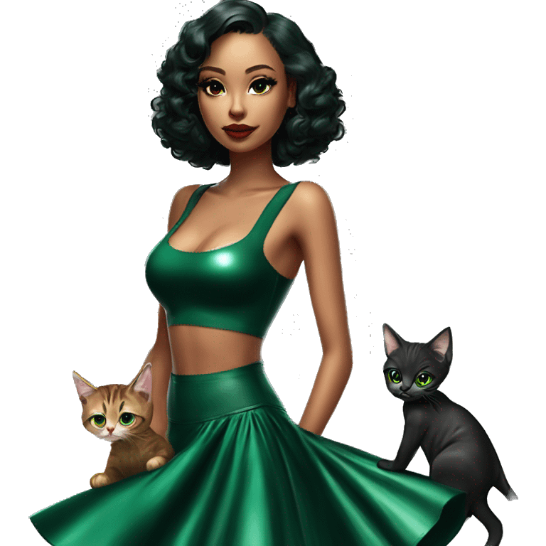 A pin skirt latex dark emerald dress on a female latin goddess with a kitten aura with a short bob a-line  emoji