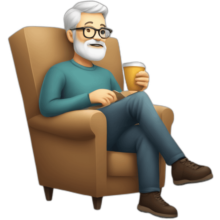 Bearded 56 years old man, glasses, perspective armchair, Reading at home, drinking a coffee, relax emoji