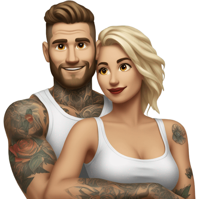 Hyper Realistic beautiful woman in the arms of a very handsome tattooed man  emoji