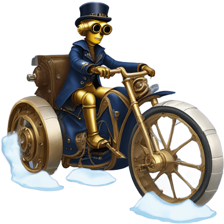 C-3PO wearing a pair of navy-blue rimmed steampunk goggles, hat, leather chaps, fringe jacket riding a fast 3 wheeler trike steampunk motorcycle on ice  emoji