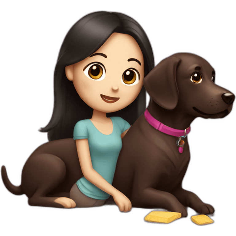 Chocolate labrador playing with woman long black hair emoji