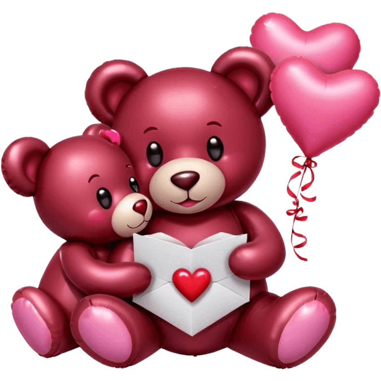 maroon love letter, three metallic pink heart-shaped balloons and red kisses and love teddy bear emoji